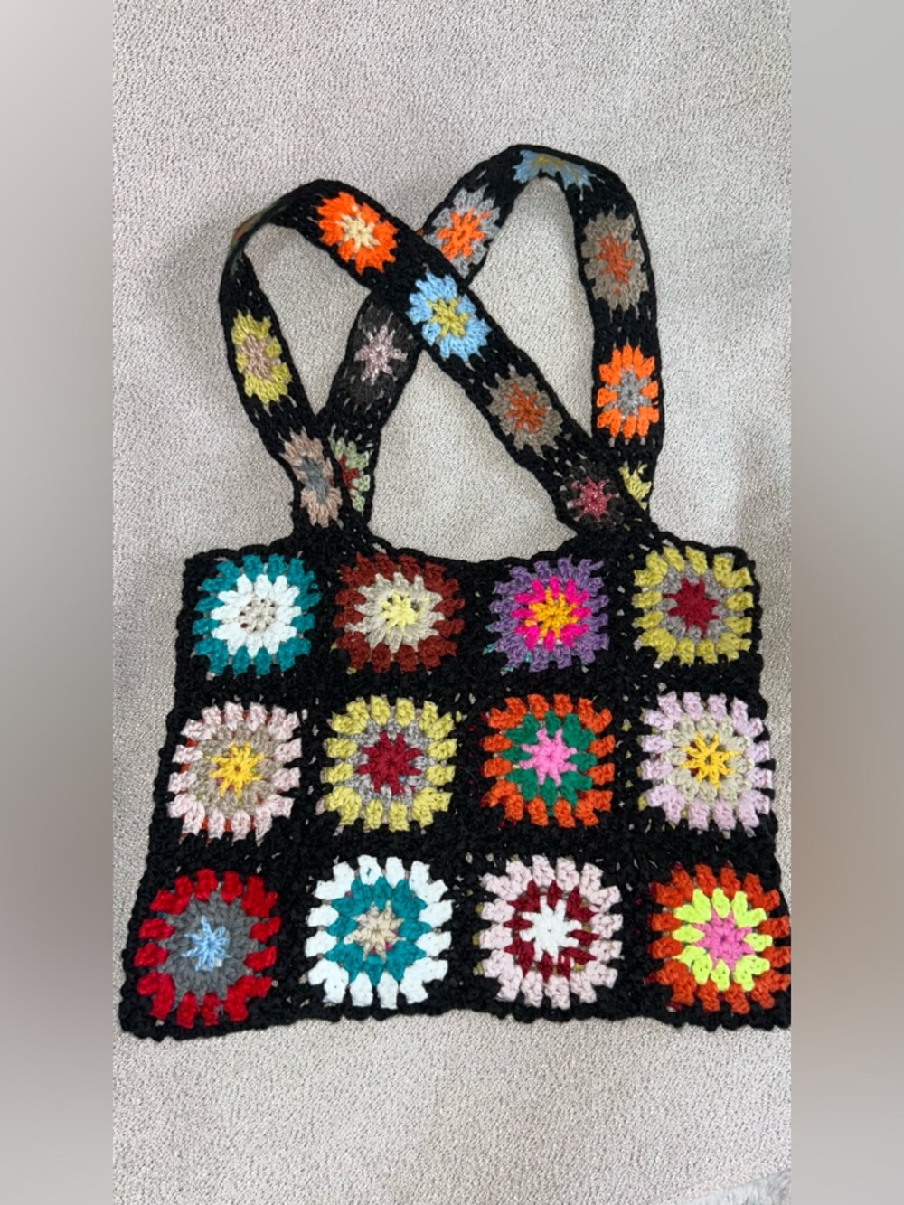Crochet Handmade Granny Square Tote Bag Purse Bold Multicolor 70’s Hippie Boho